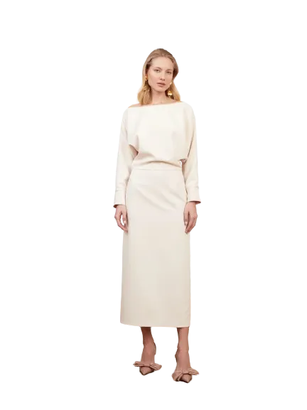 AGALIA cream off-the-shoulder midi dress