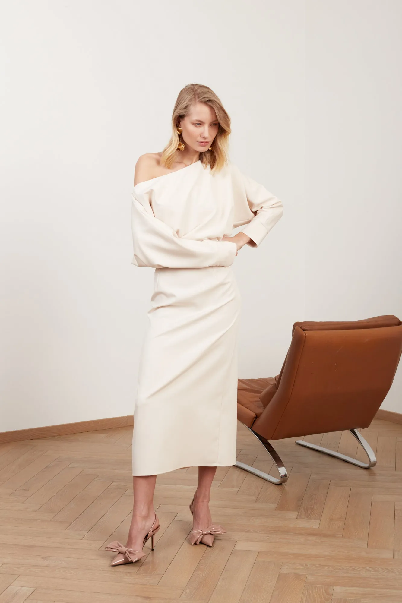 AGALIA cream off-the-shoulder midi dress