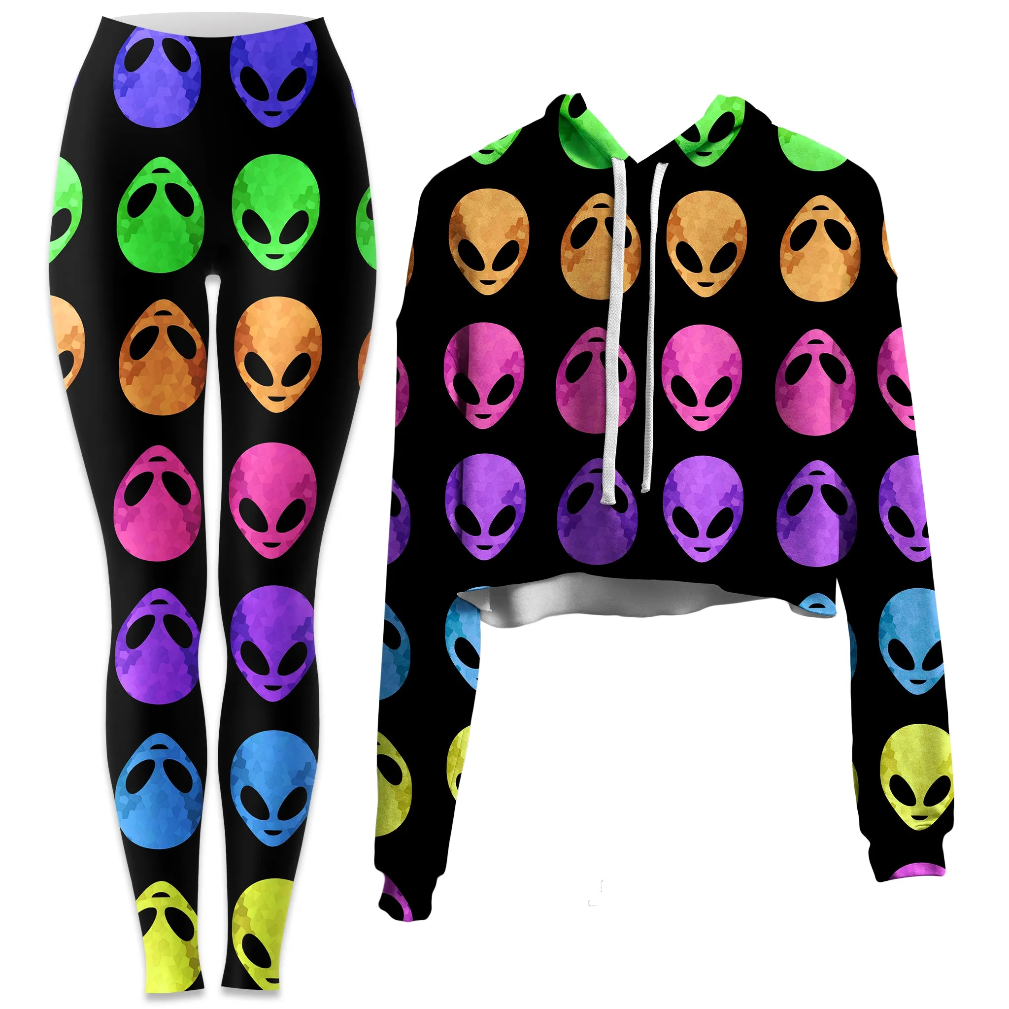 Alien Pattern Crop Hoodie and Leggings Combo