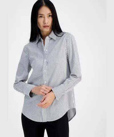 Anne Klein Petite Striped Long-Sleeve Shirt