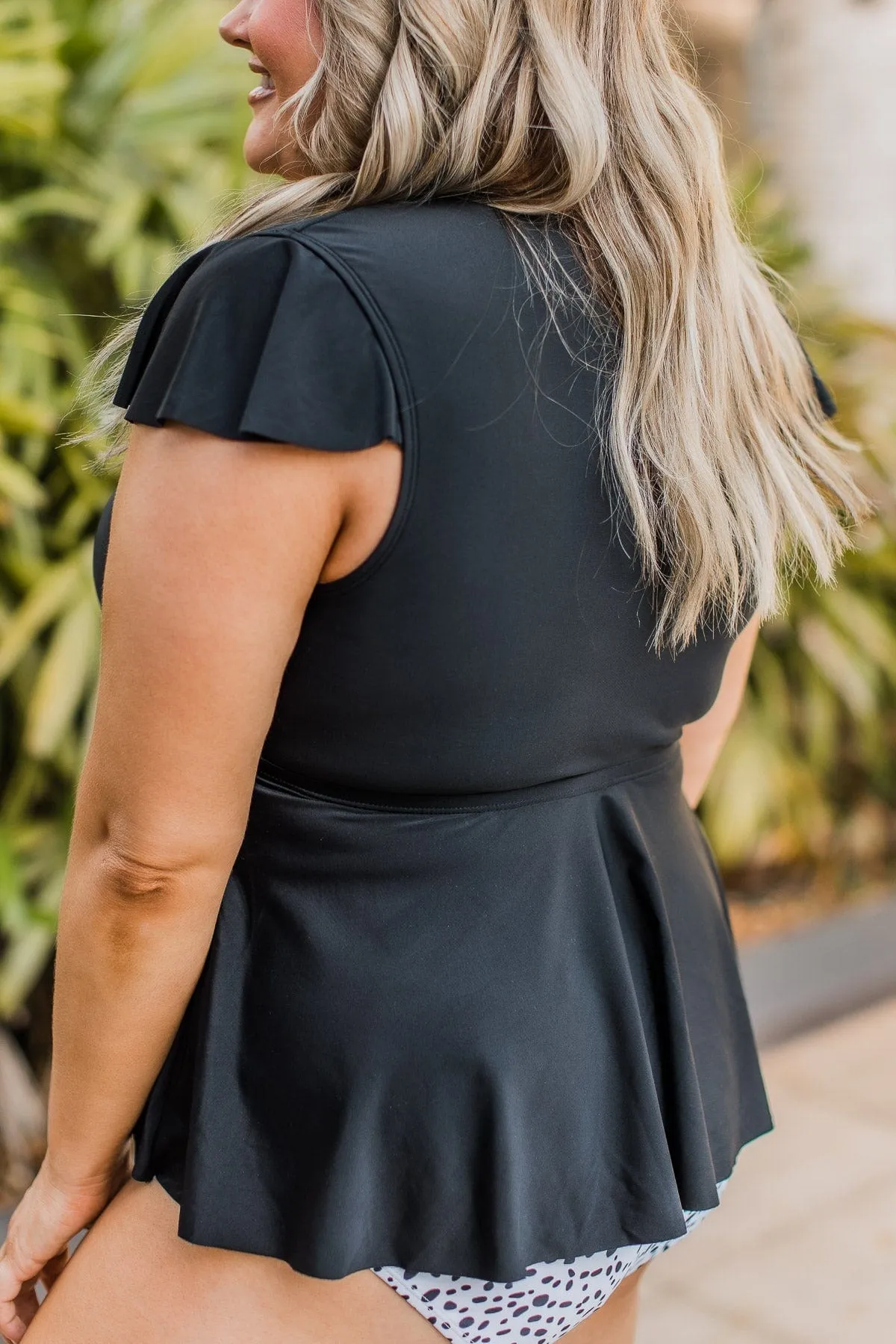 Beachside Beauty Peplum Tankini Top- Black