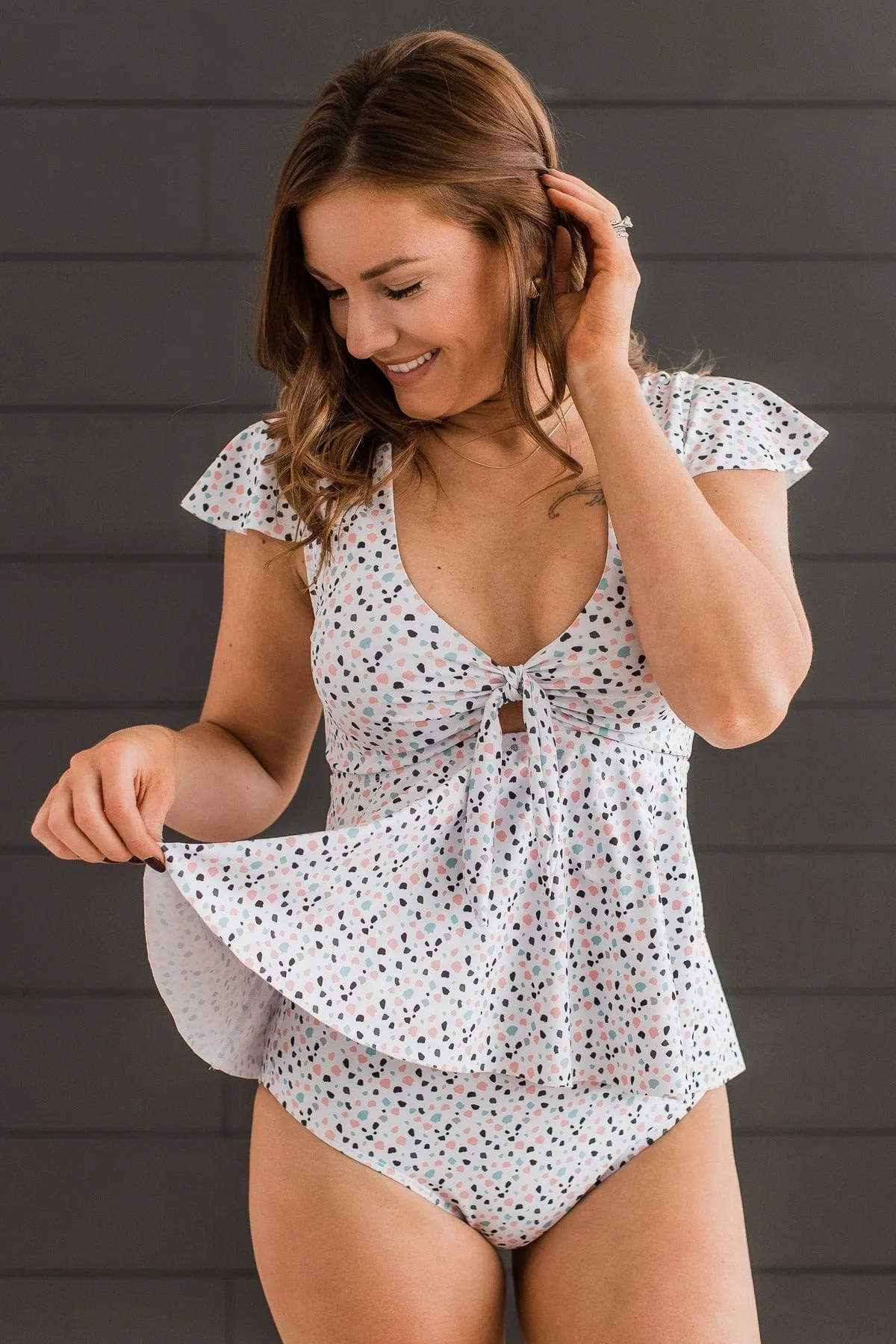 Beachside Beauty Spotted Peplum Tankini Top- White, Pink, & Blue