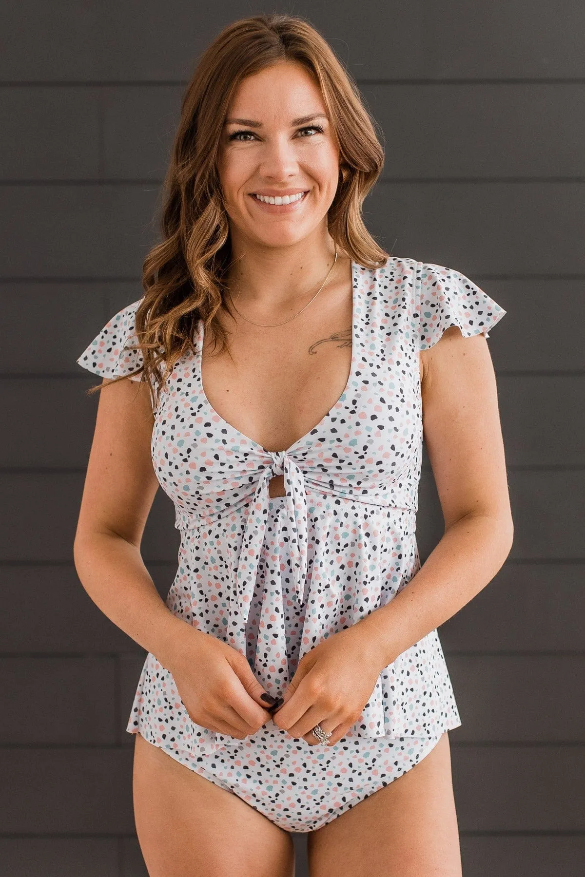 Beachside Beauty Spotted Peplum Tankini Top- White, Pink, & Blue