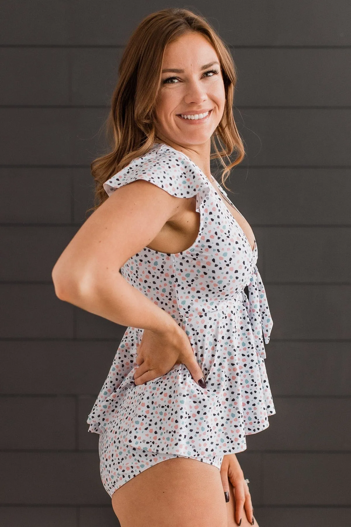 Beachside Beauty Spotted Peplum Tankini Top- White, Pink, & Blue