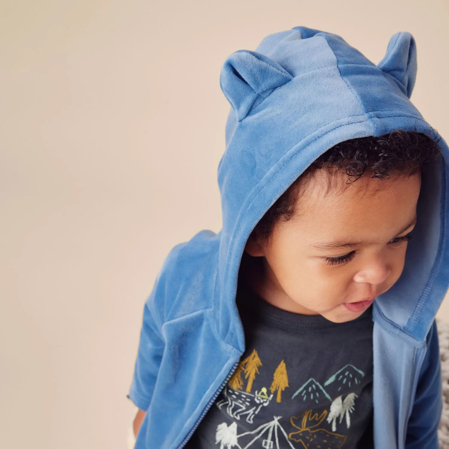 Bear Ears Velour Baby Hoodie - Coronet Blue - FINAL SALE