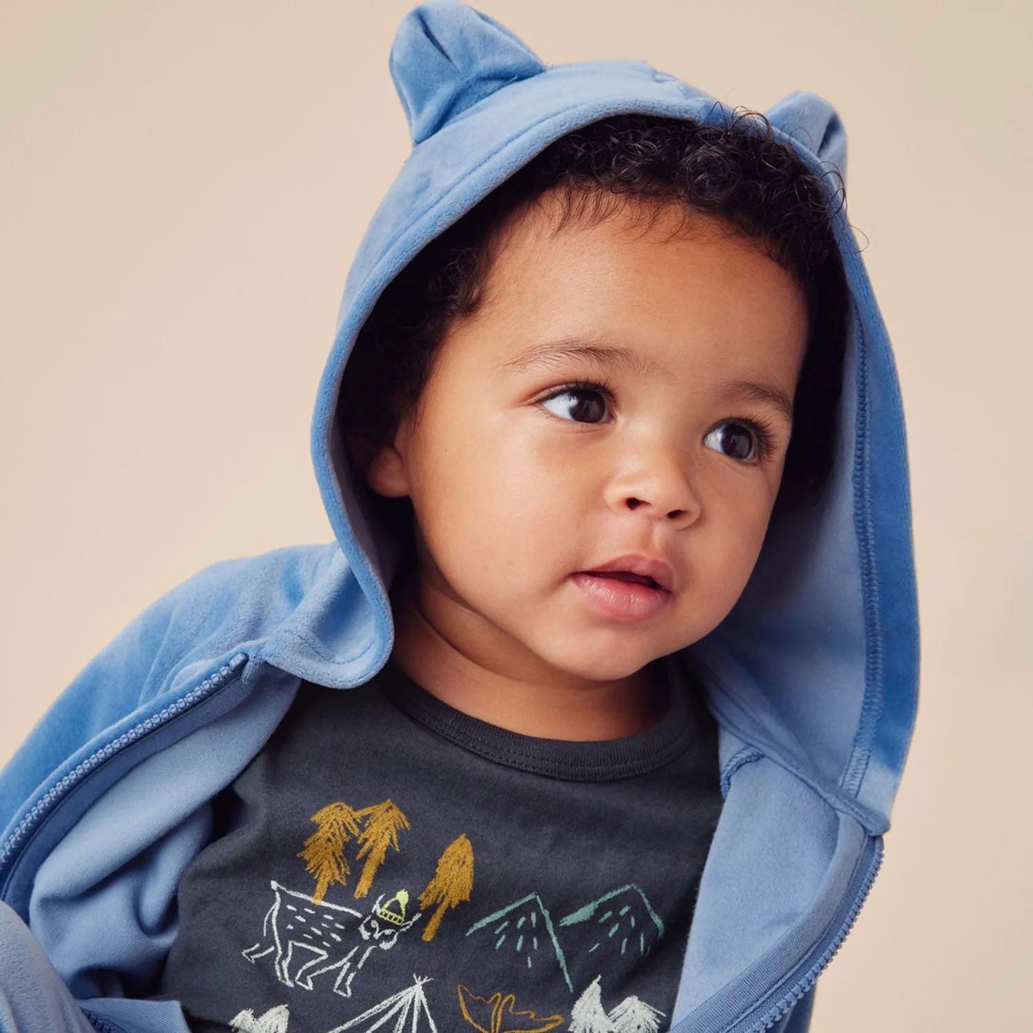 Bear Ears Velour Baby Hoodie - Coronet Blue - FINAL SALE