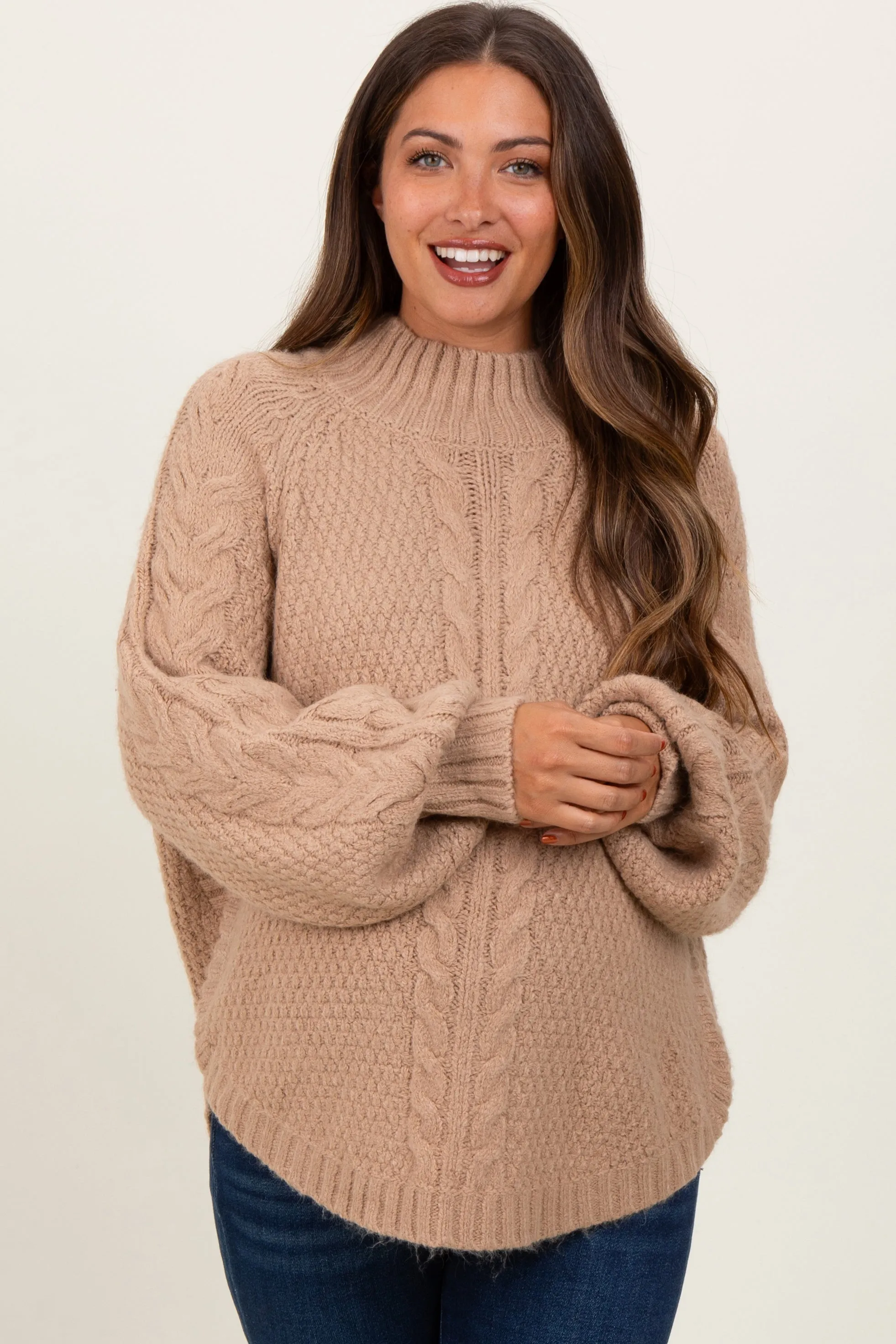 Beige Mixed Chunky Cable Knit Mock Neck Maternity Sweater