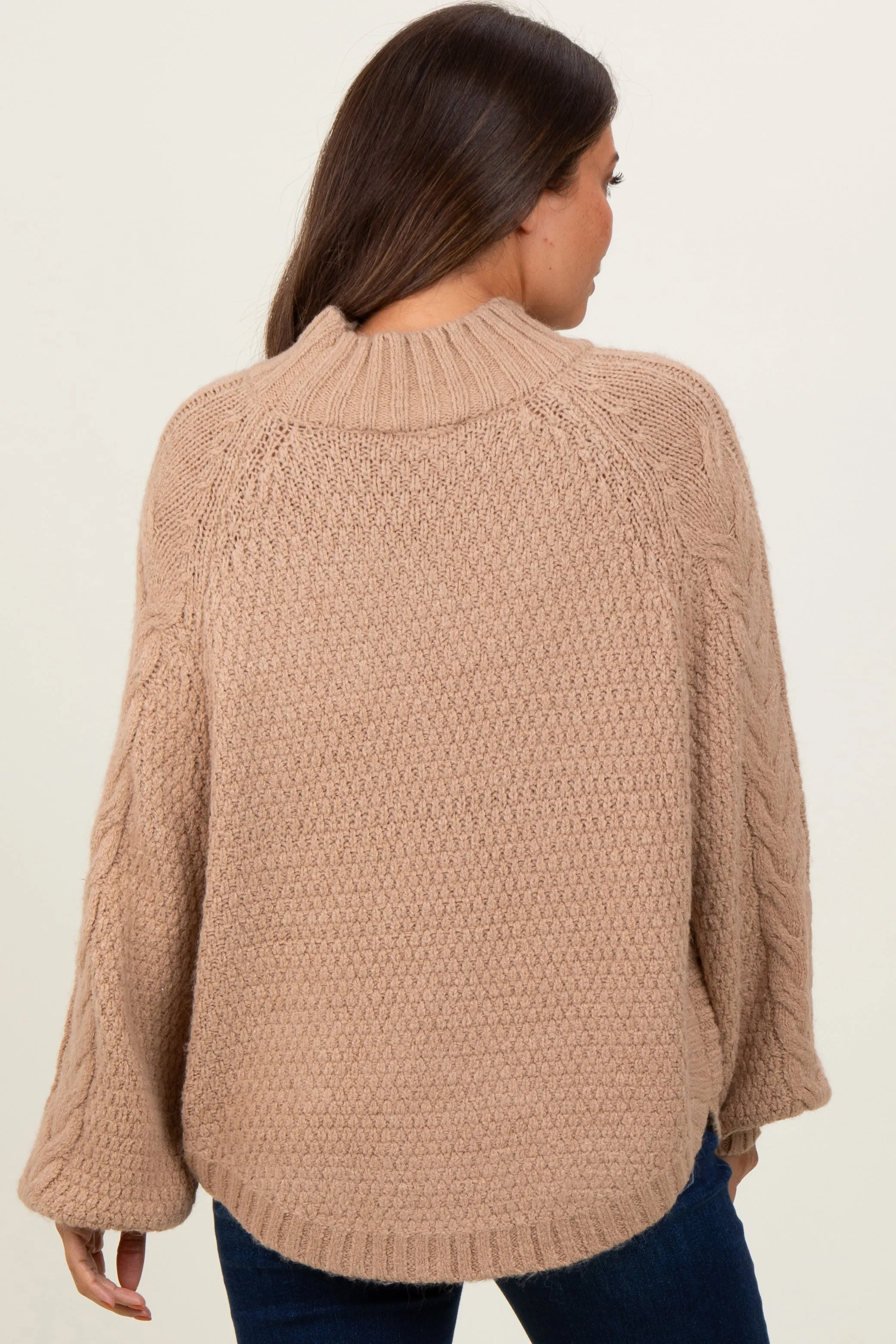 Beige Mixed Chunky Cable Knit Mock Neck Maternity Sweater