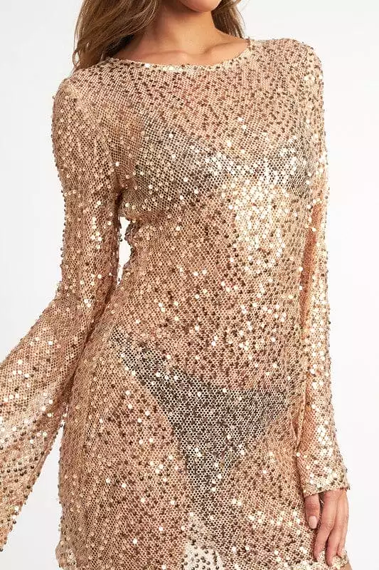 Bell Sleeve Sequins Mini Dress - Partially See Through - Rose Gold