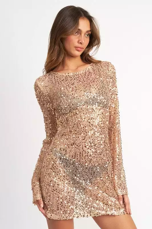 Bell Sleeve Sequins Mini Dress - Partially See Through - Rose Gold