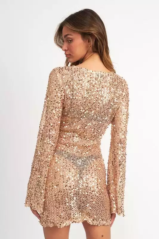 Bell Sleeve Sequins Mini Dress - Partially See Through - Rose Gold