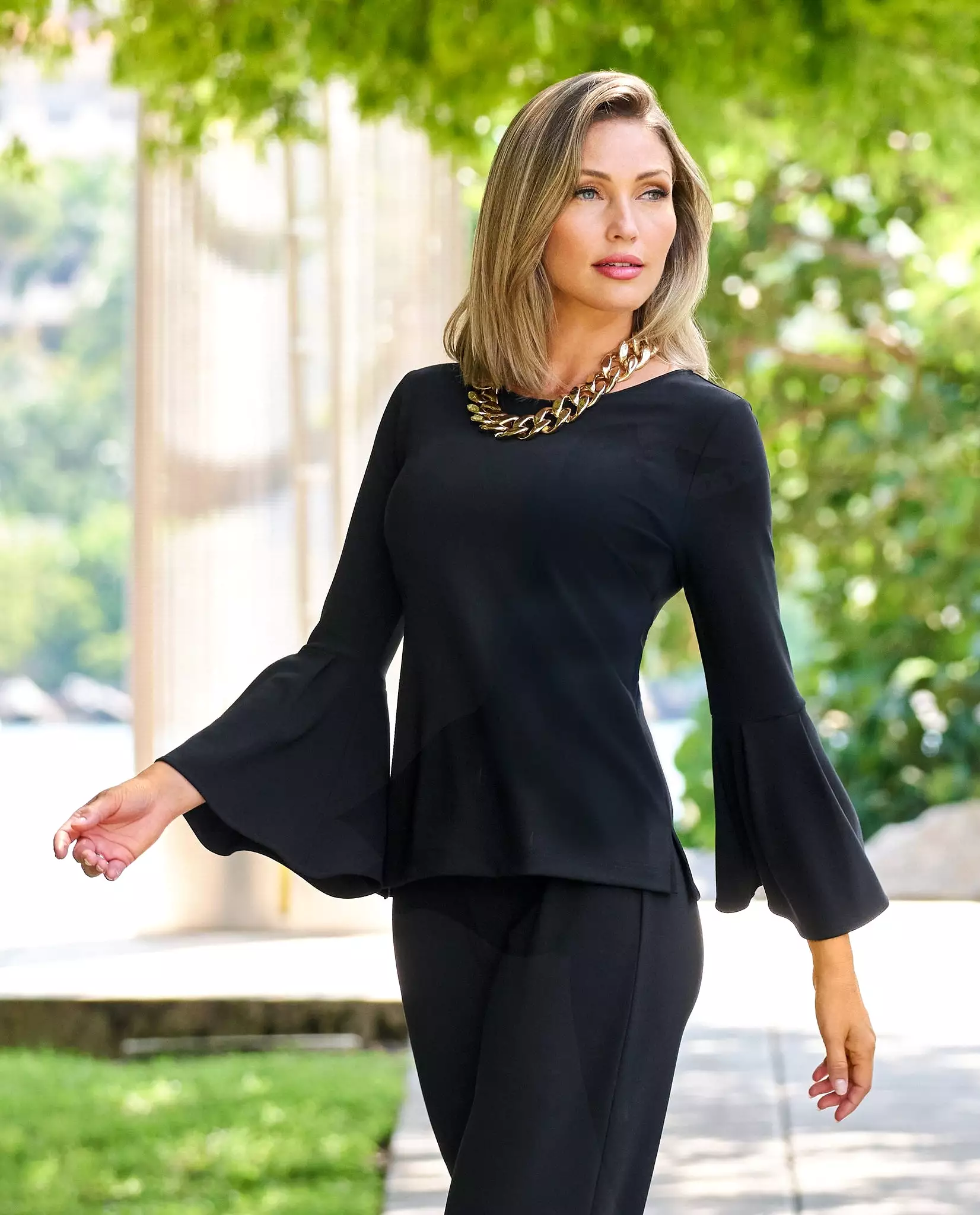 Beyond Travel Crew Neck Bell Sleeve Top Jet Black