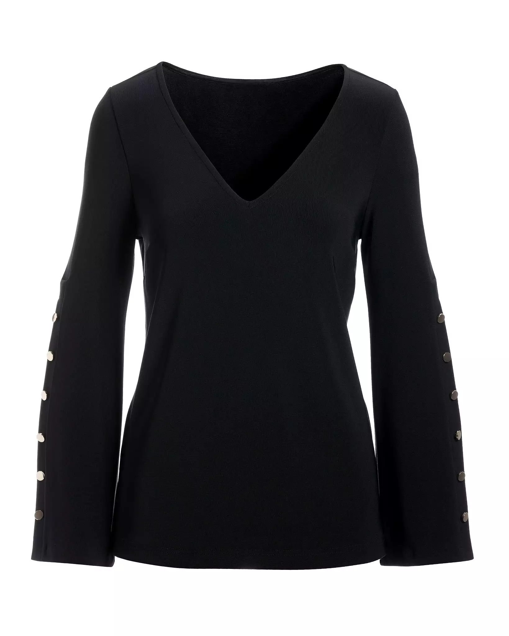 Beyond Travel V-Neck Button Detail Bell Sleeve Top Jet Black