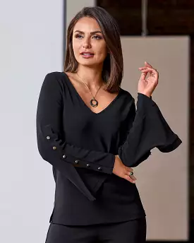 Beyond Travel V-Neck Button Detail Bell Sleeve Top Jet Black