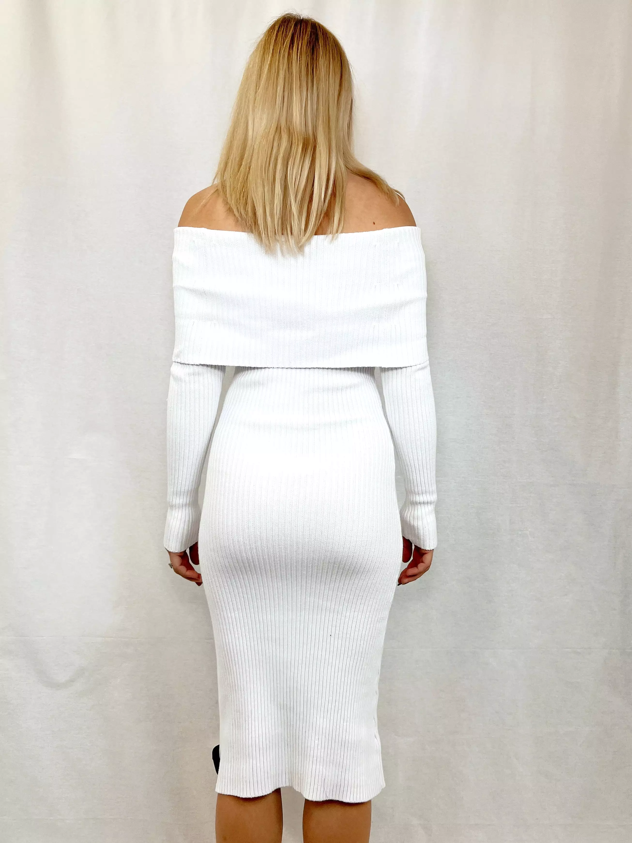 Bleach white ribbed off shoulder midi dress