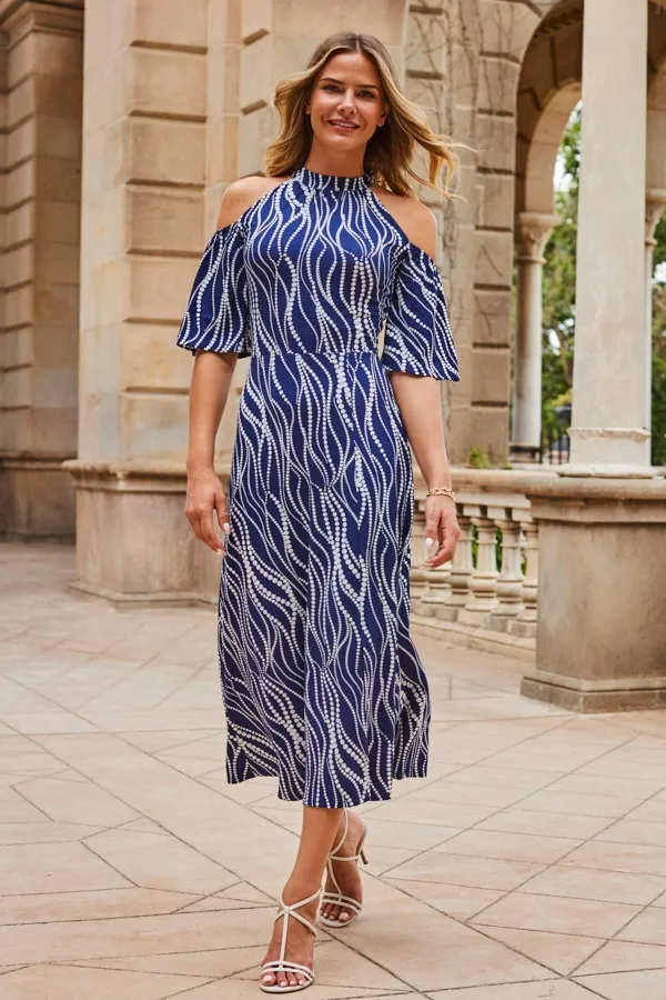 Blue & White Swirl Print Jersey Cold Shoulder Midi Dress