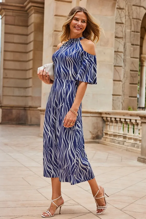 Blue & White Swirl Print Jersey Cold Shoulder Midi Dress