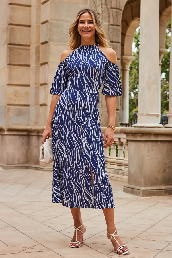 Blue & White Swirl Print Jersey Cold Shoulder Midi Dress