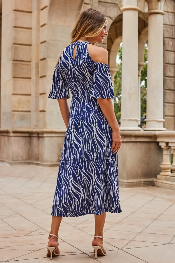 Blue & White Swirl Print Jersey Cold Shoulder Midi Dress