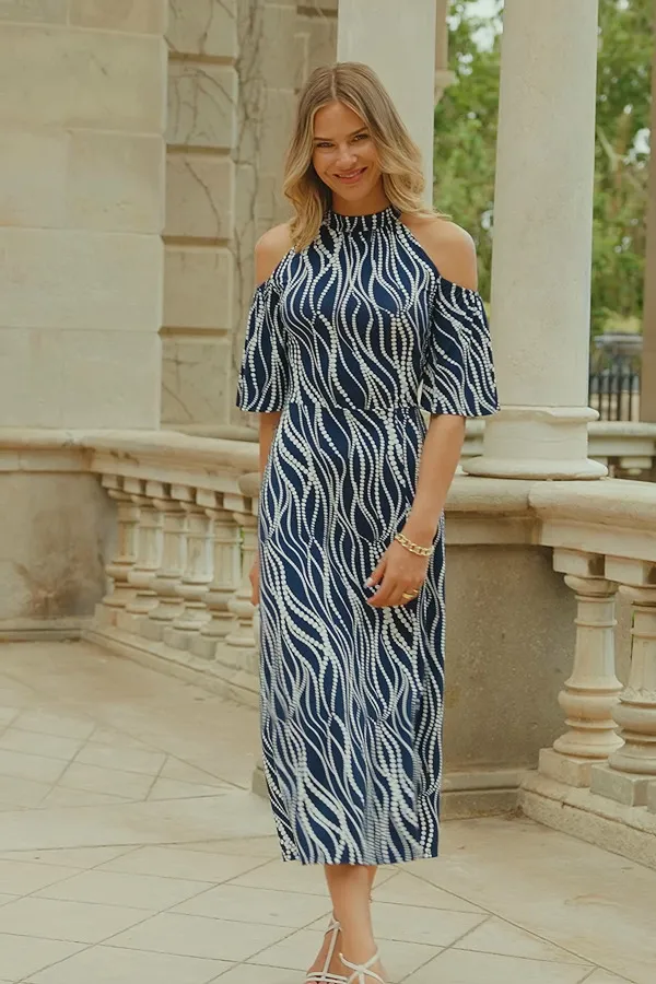 Blue & White Swirl Print Jersey Cold Shoulder Midi Dress