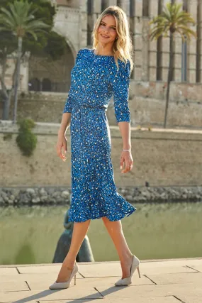 Blue Leopard Print Padded Shoulder Jersey Midi Dress