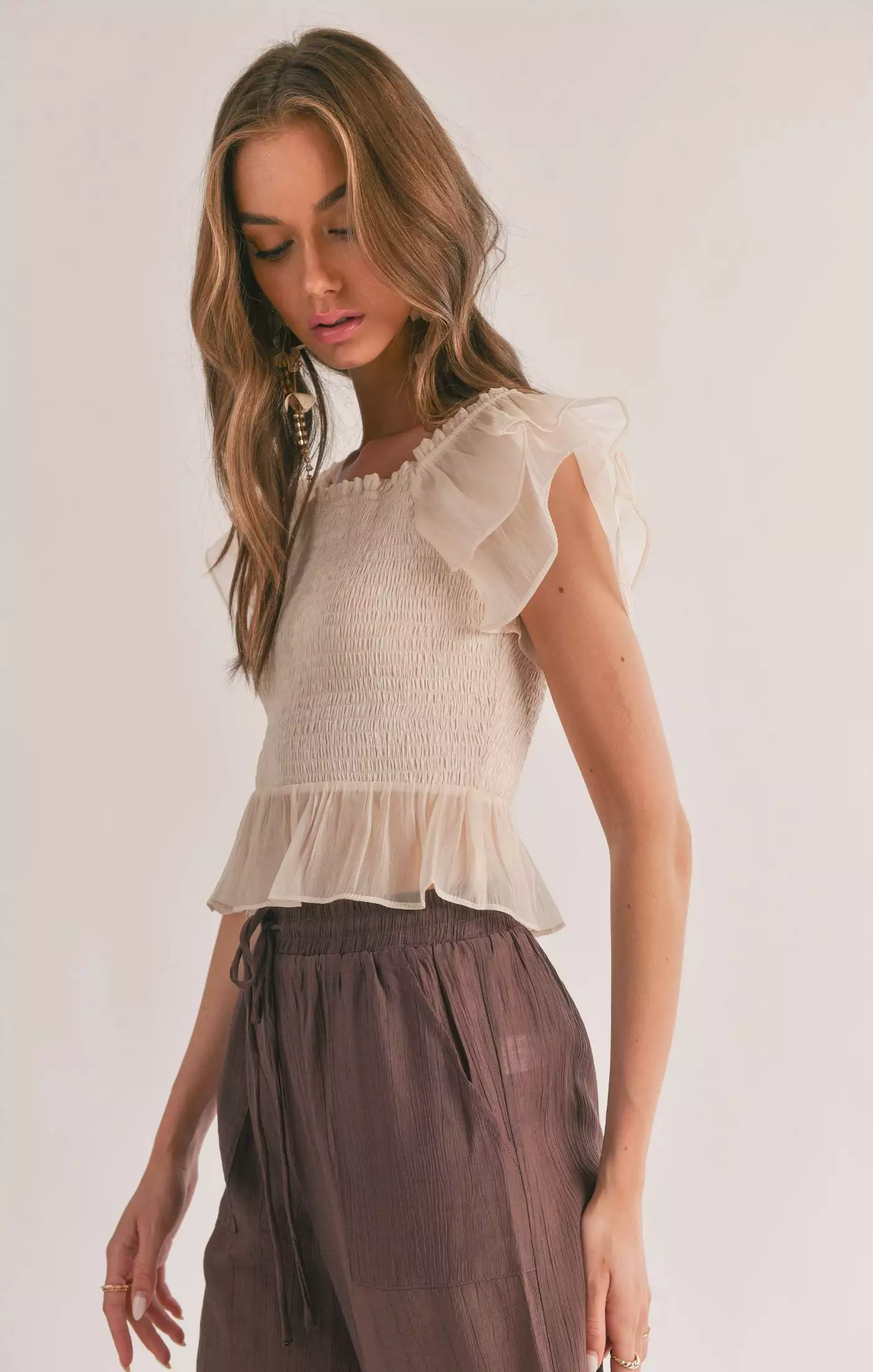 Blurred Smocked Ruffle Peplum Top