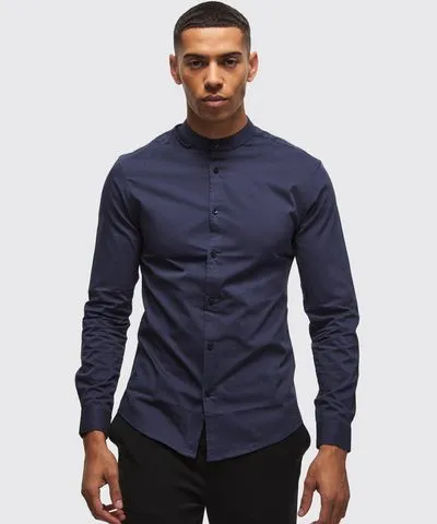 boohooMAN Mens Long Sleeve Grandad Collar Slim Shirt