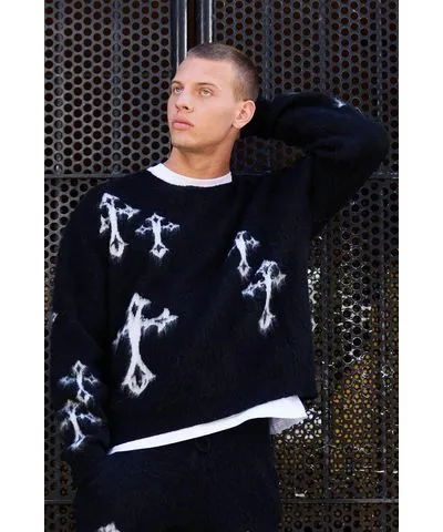 boohooMAN Mens Oversized Eyelash Knit Cross Graphic Sweater