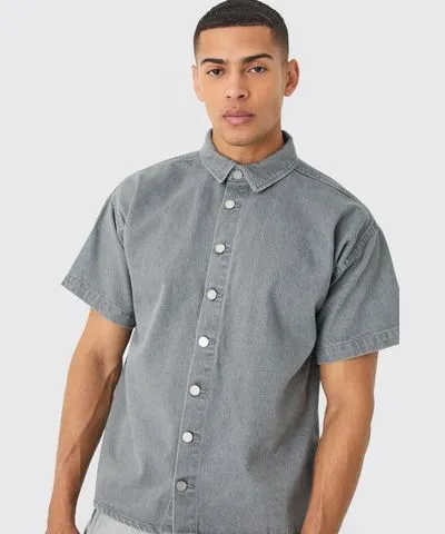 boohooMAN Mens Short Sleeve Boxy Fit Denim Shirt