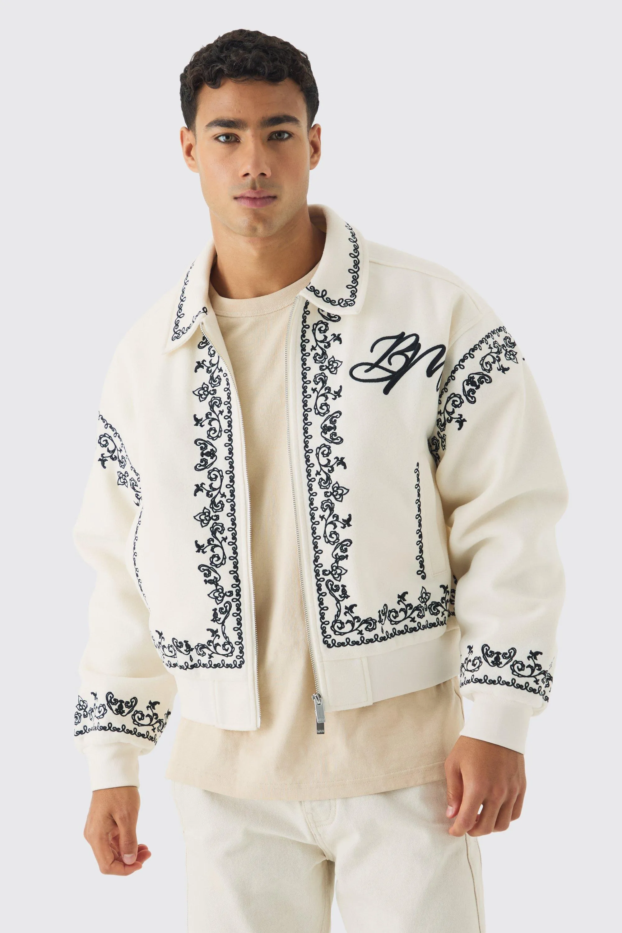 Boxy Bm Embroidered Collared Bomber Jacket In Ecru