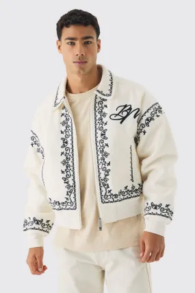 Boxy Bm Embroidered Collared Bomber Jacket In Ecru