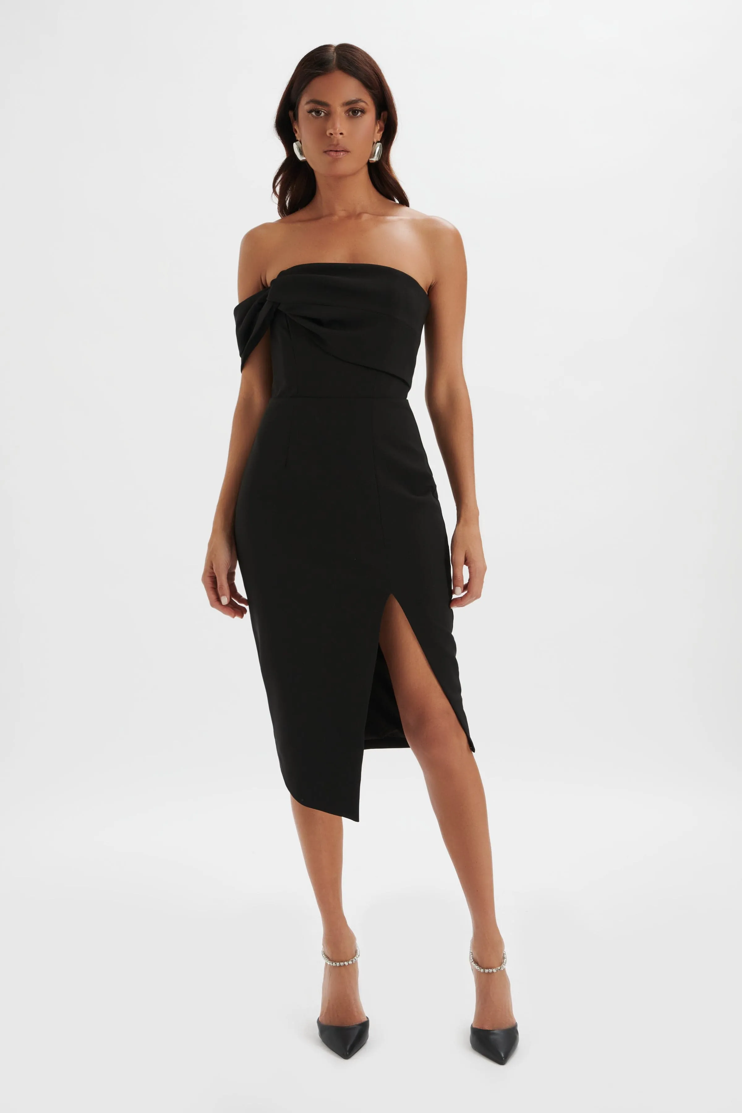 BRIE Bardot Knot Twisted One Shoulder Midi Dress in Black