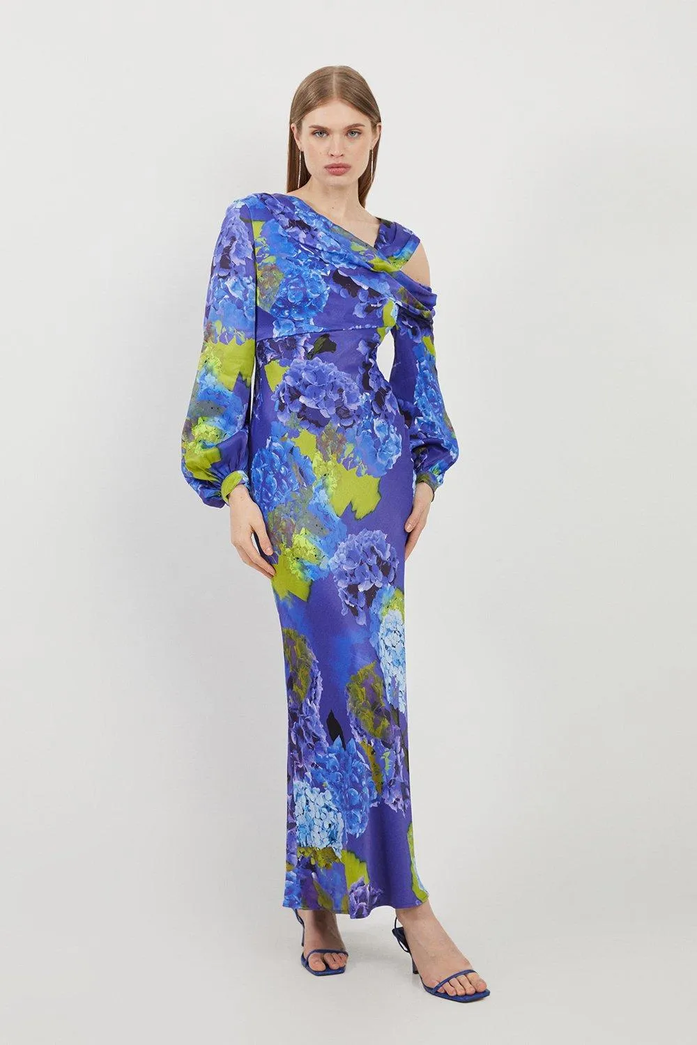 Bright Floral Print Satin Cold Shoulder Draped Midi Dress | Karen Millen