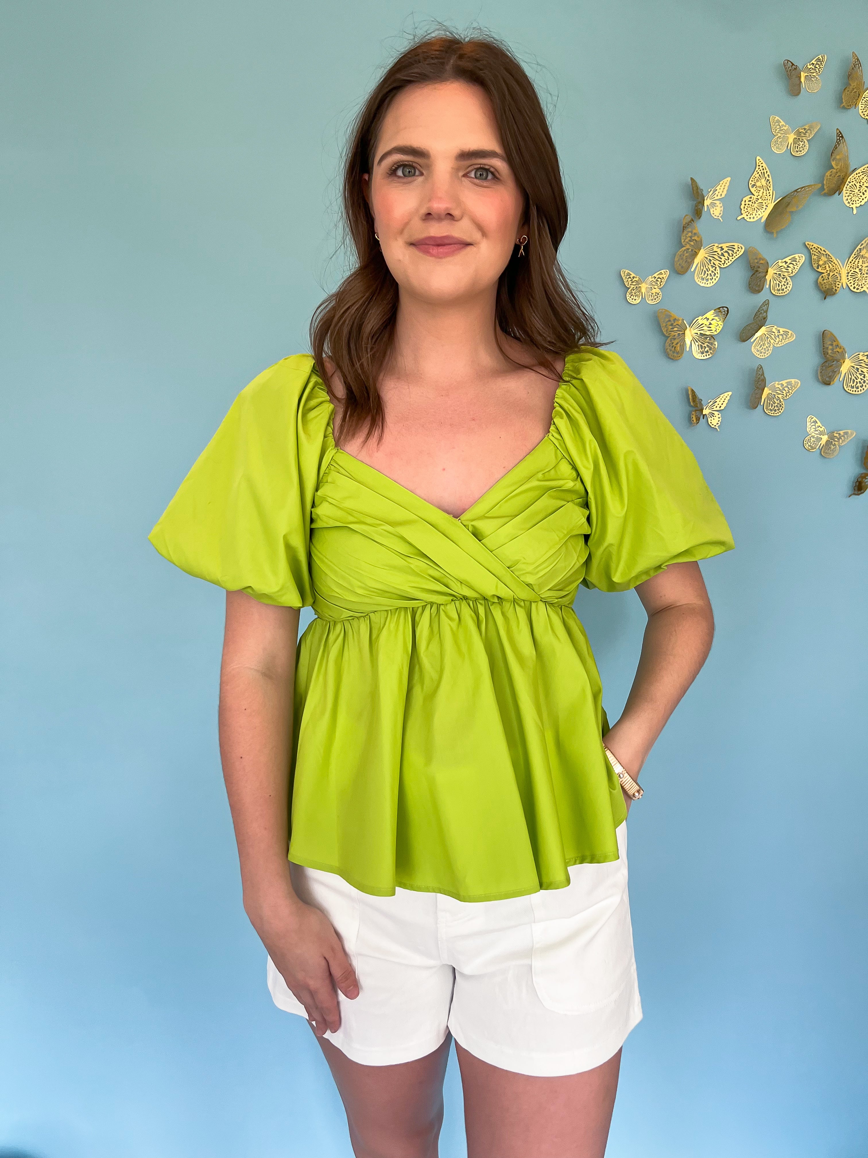 Bubble Sleeve Peplum Top - Chartreuse