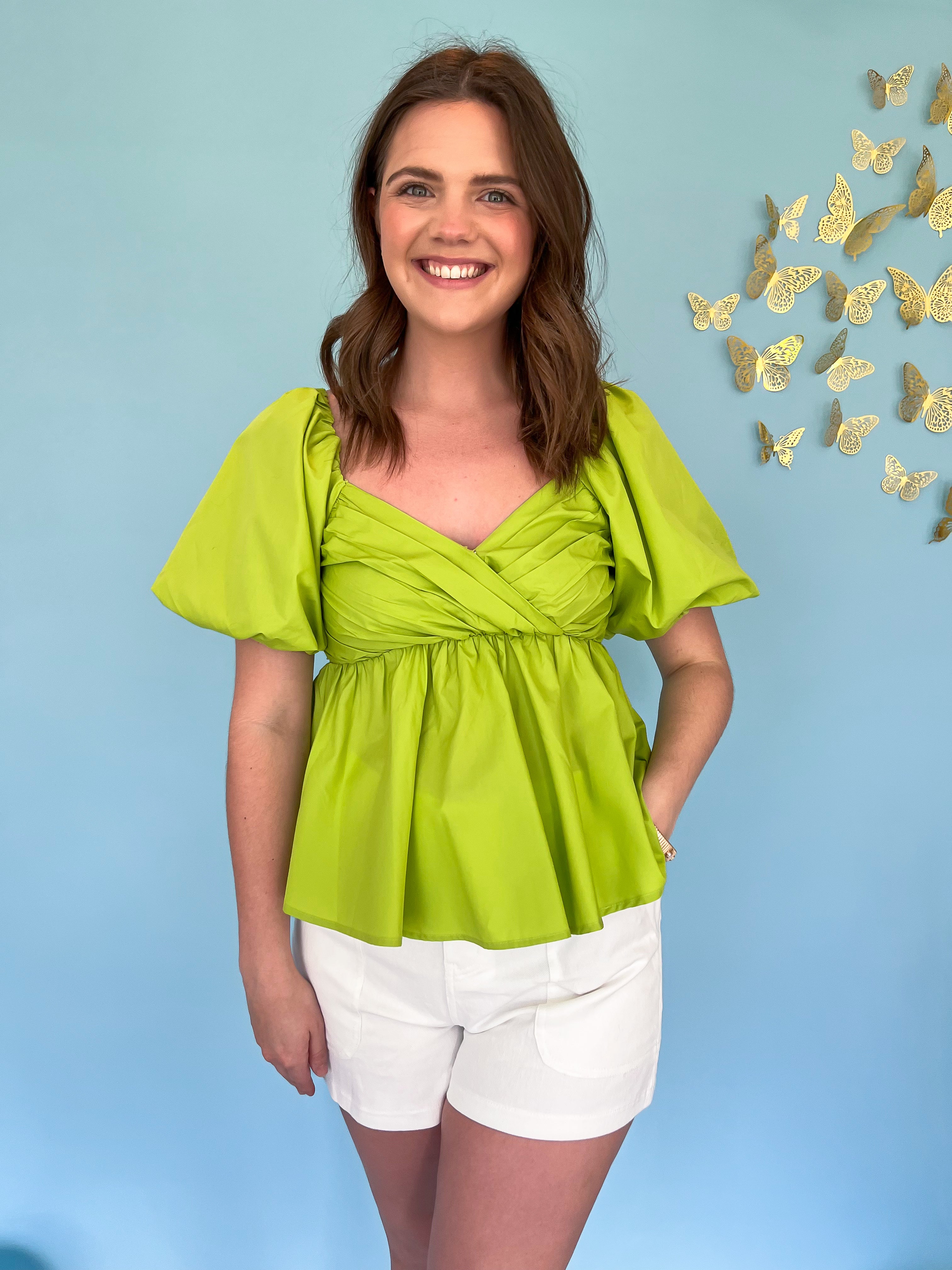 Bubble Sleeve Peplum Top - Chartreuse