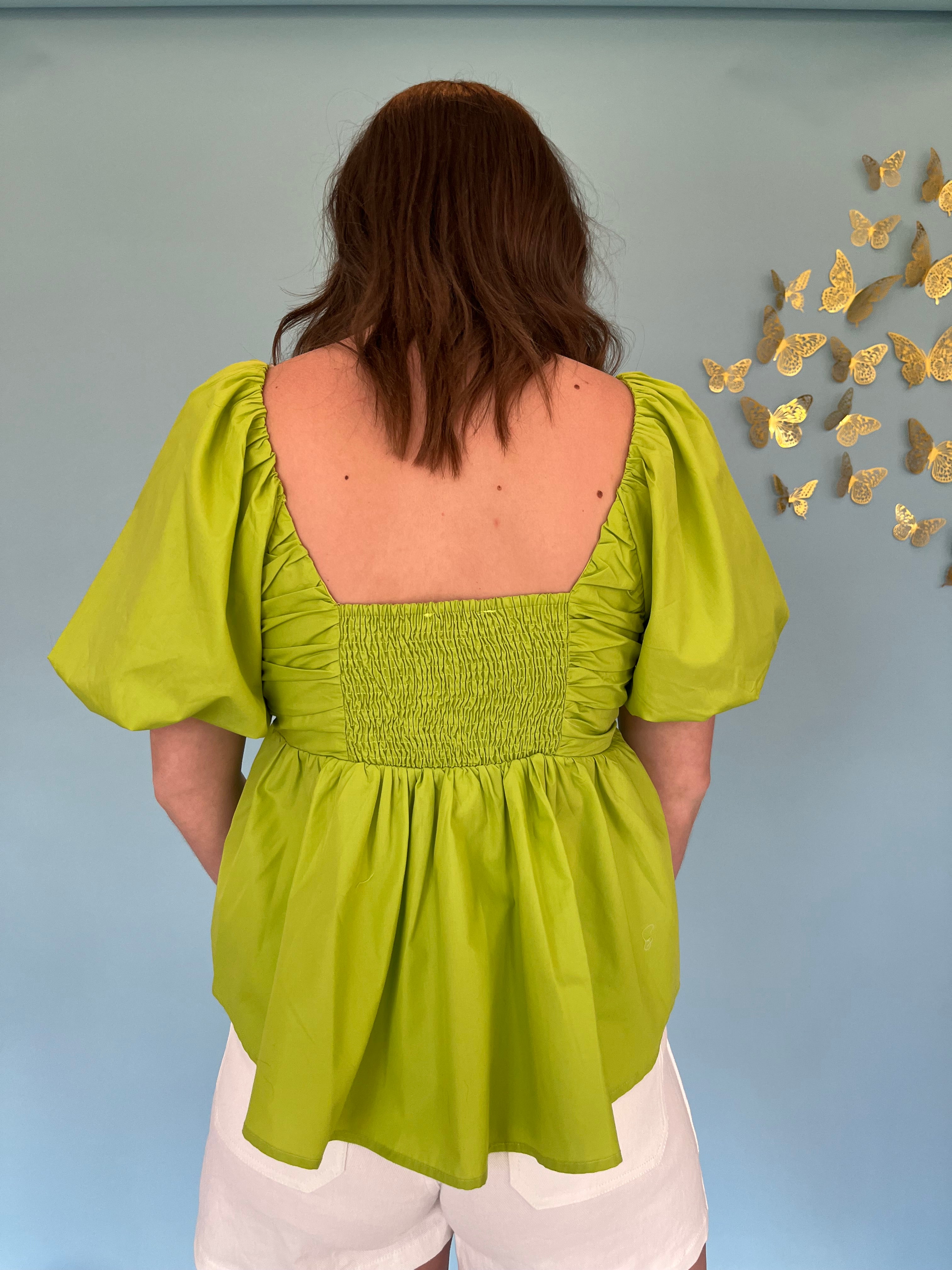 Bubble Sleeve Peplum Top - Chartreuse