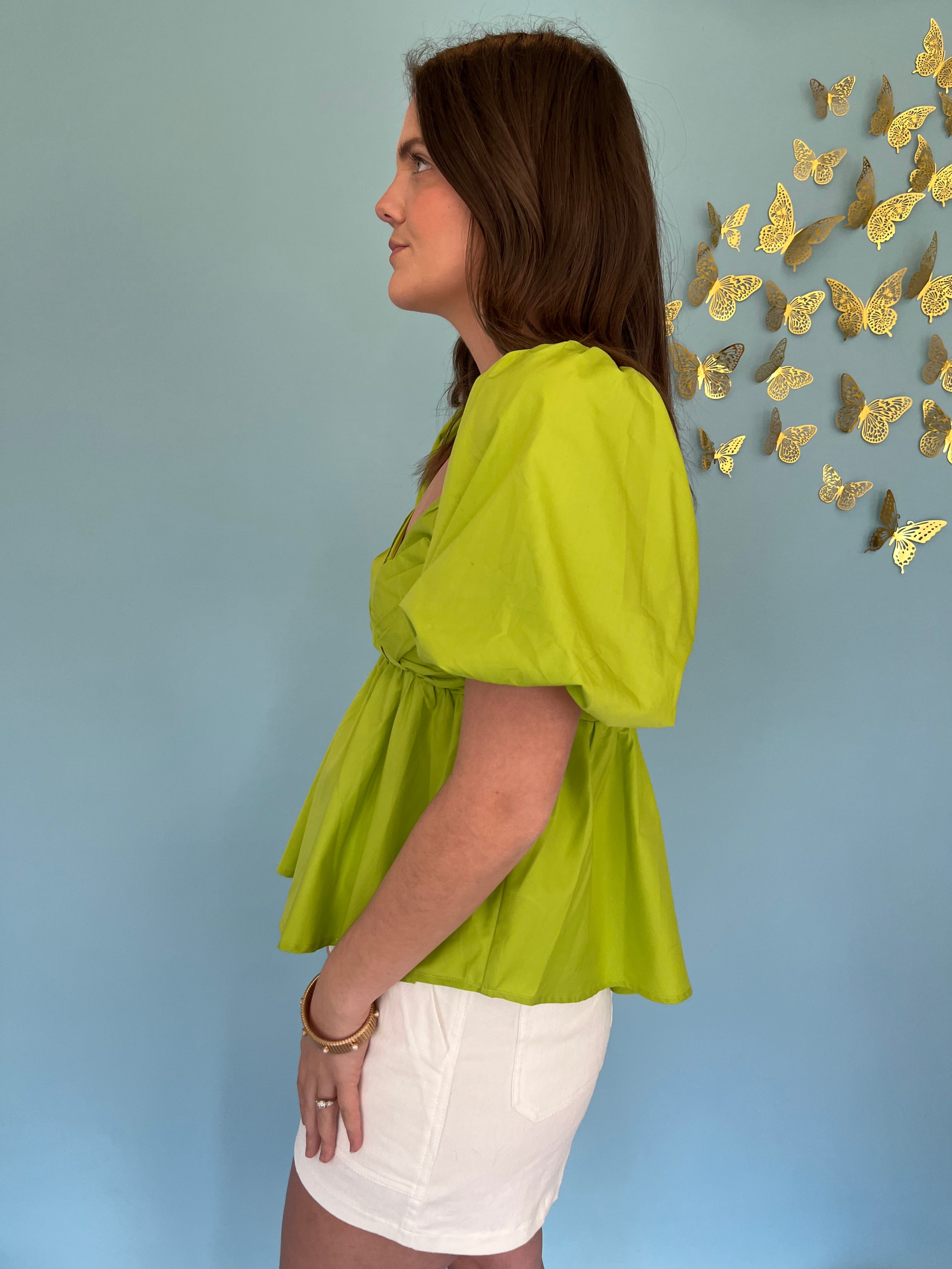 Bubble Sleeve Peplum Top - Chartreuse