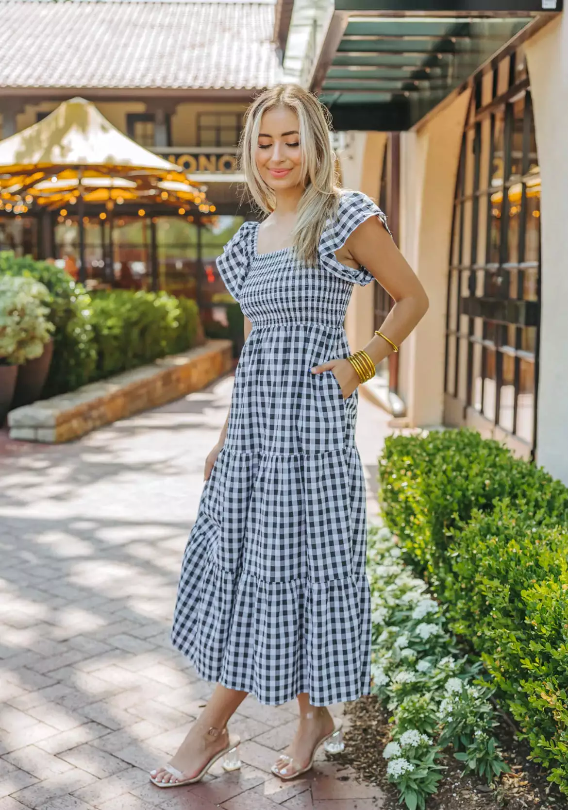 BUDDY LOVE BRYNN RUFFLE SHOULDER MIDI DRESS - BLACK CHECKER