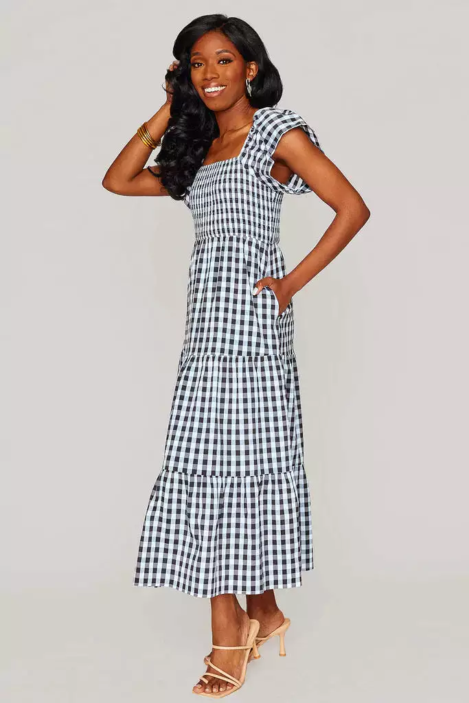 BUDDY LOVE BRYNN RUFFLE SHOULDER MIDI DRESS - BLACK CHECKER