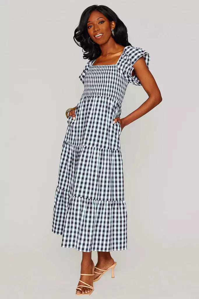 BUDDY LOVE BRYNN RUFFLE SHOULDER MIDI DRESS - BLACK CHECKER