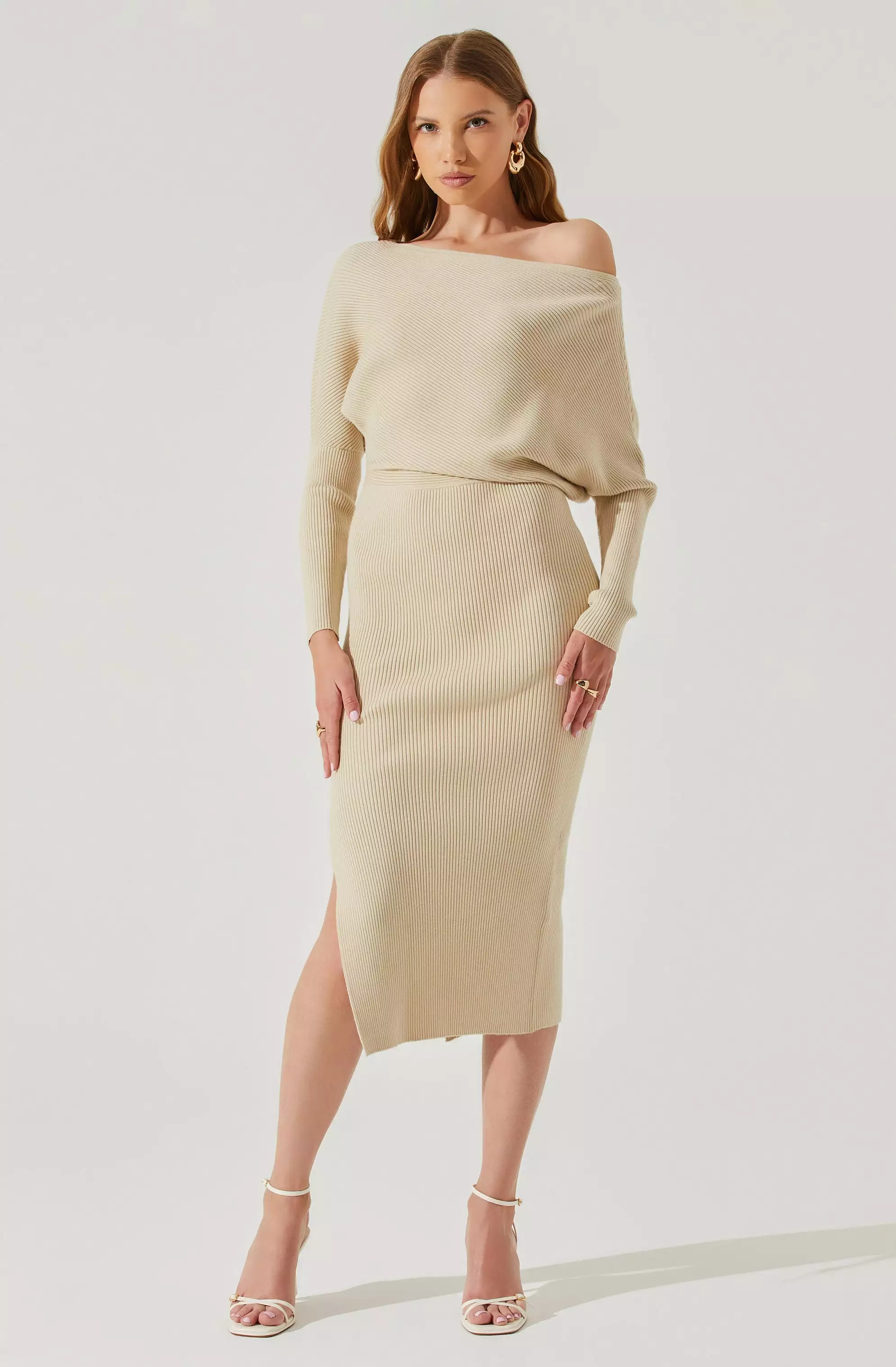 Caris Ribbed Off Shoulder Midi Sweater Dress