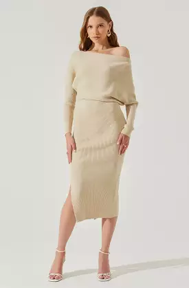 Caris Ribbed Off Shoulder Midi Sweater Dress