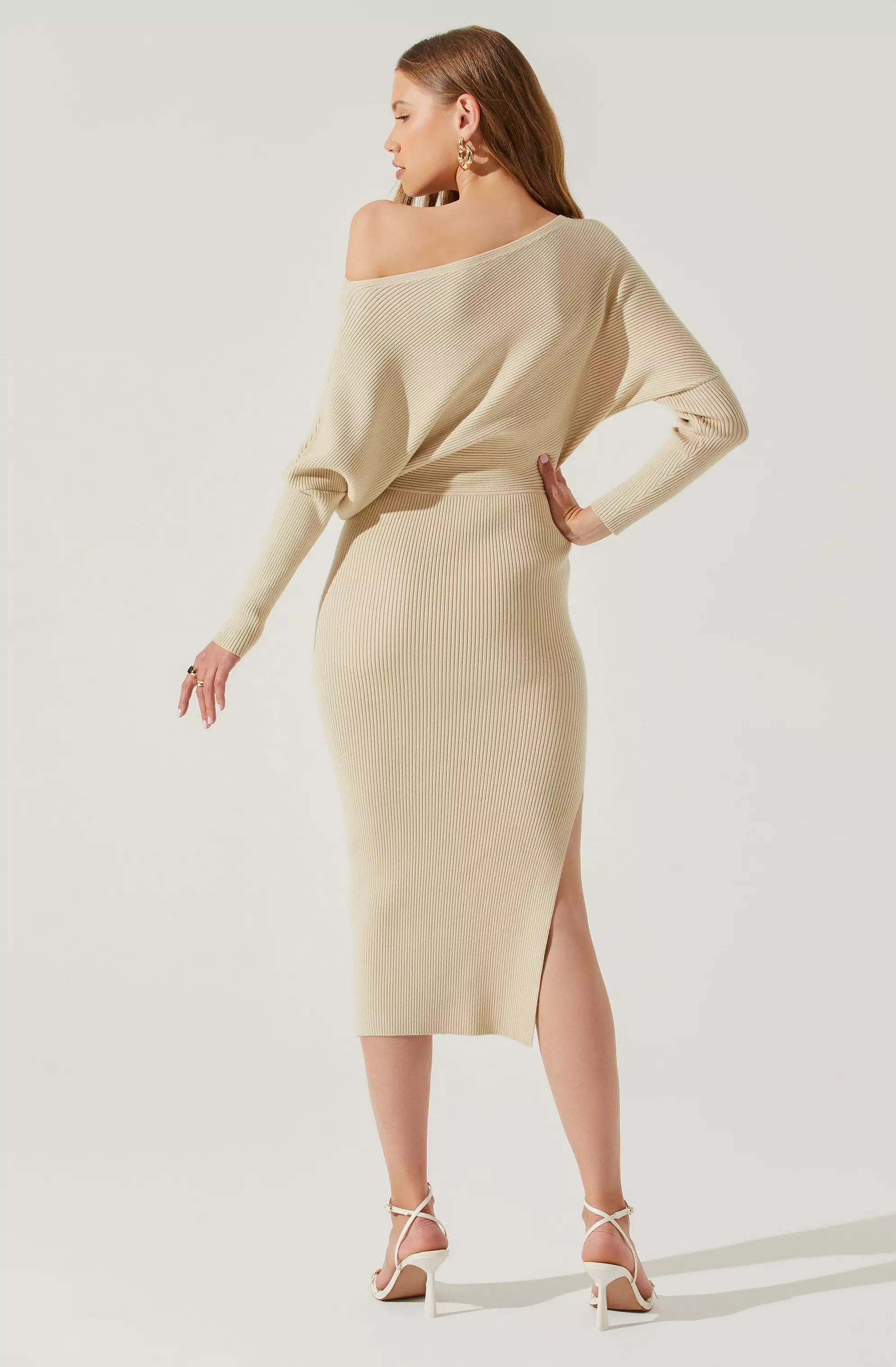 Caris Ribbed Off Shoulder Midi Sweater Dress