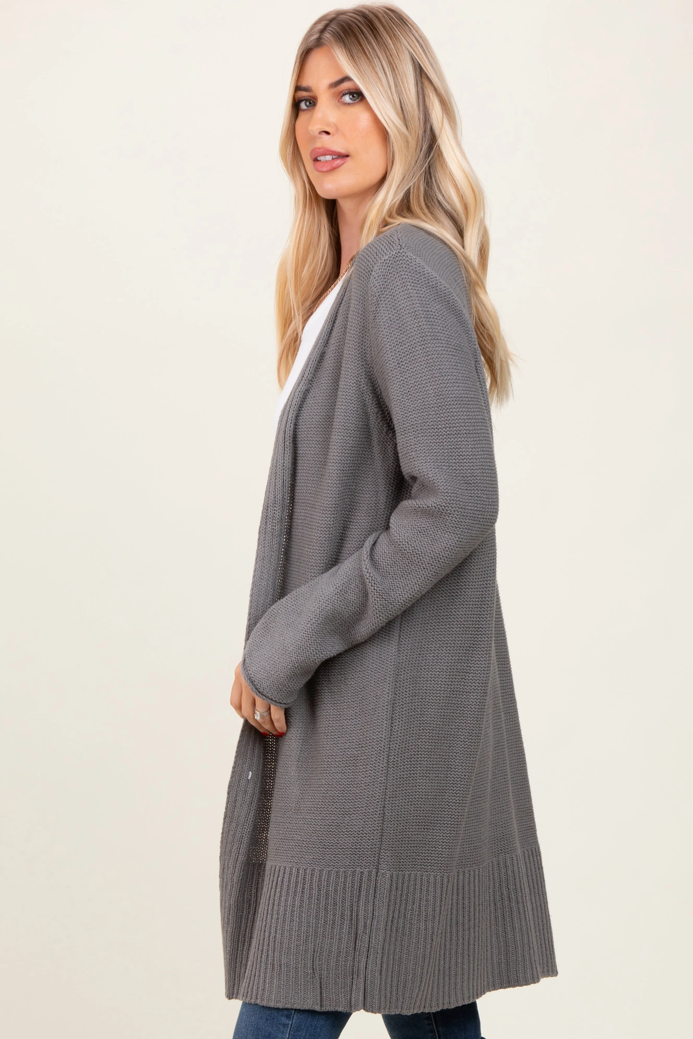 Charcoal Contrast Rib Long Open Cardigan