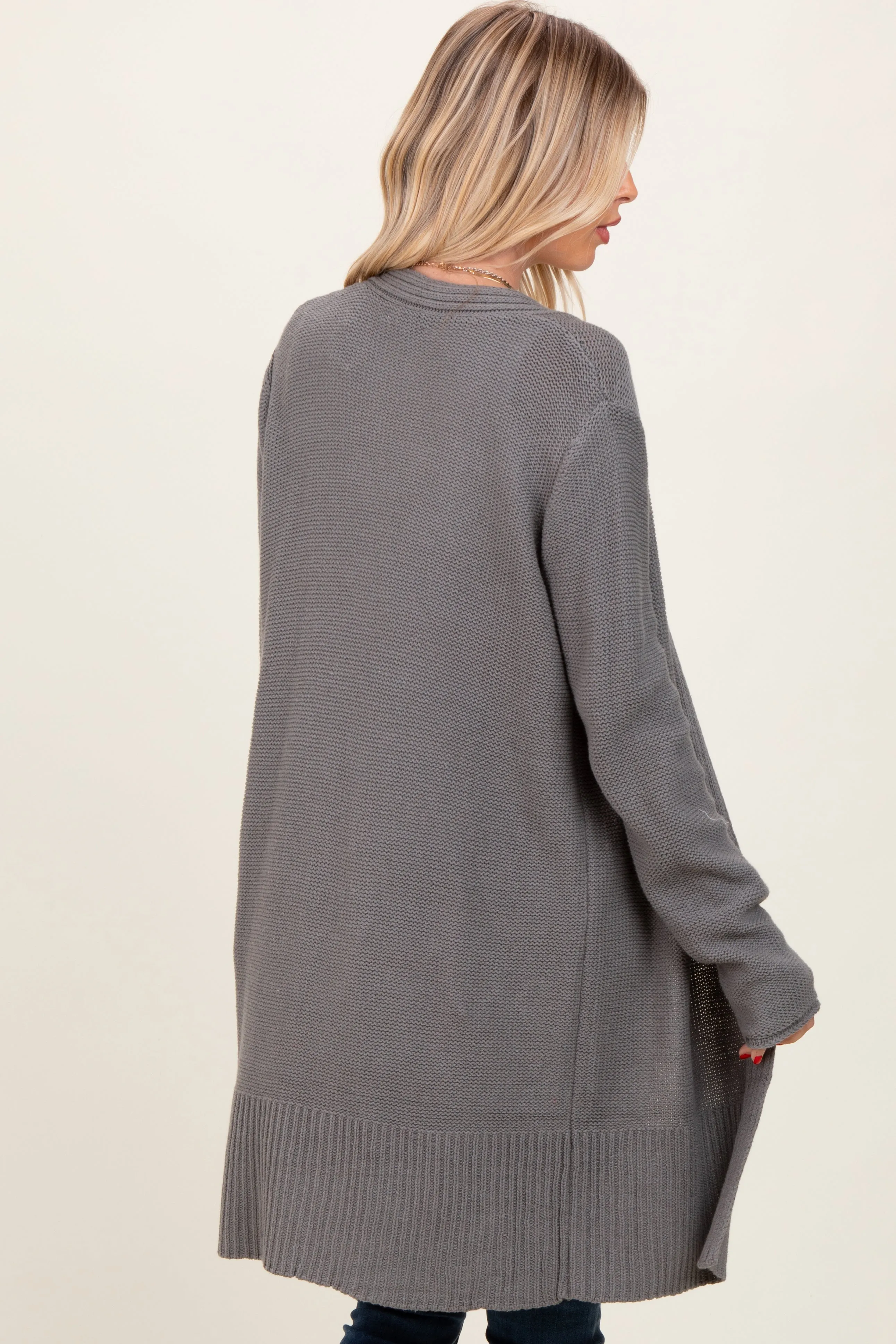 Charcoal Contrast Rib Long Open Cardigan