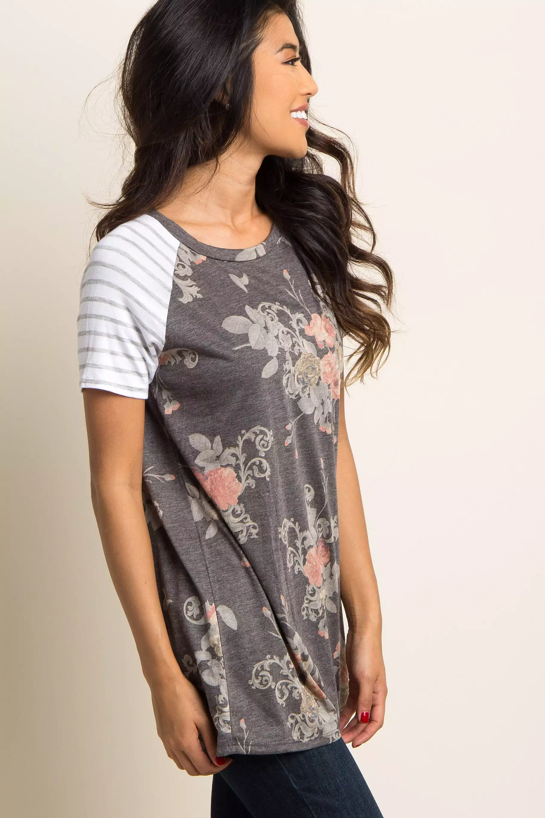 Charcoal Grey Floral Colorblock Striped Sleeve Top