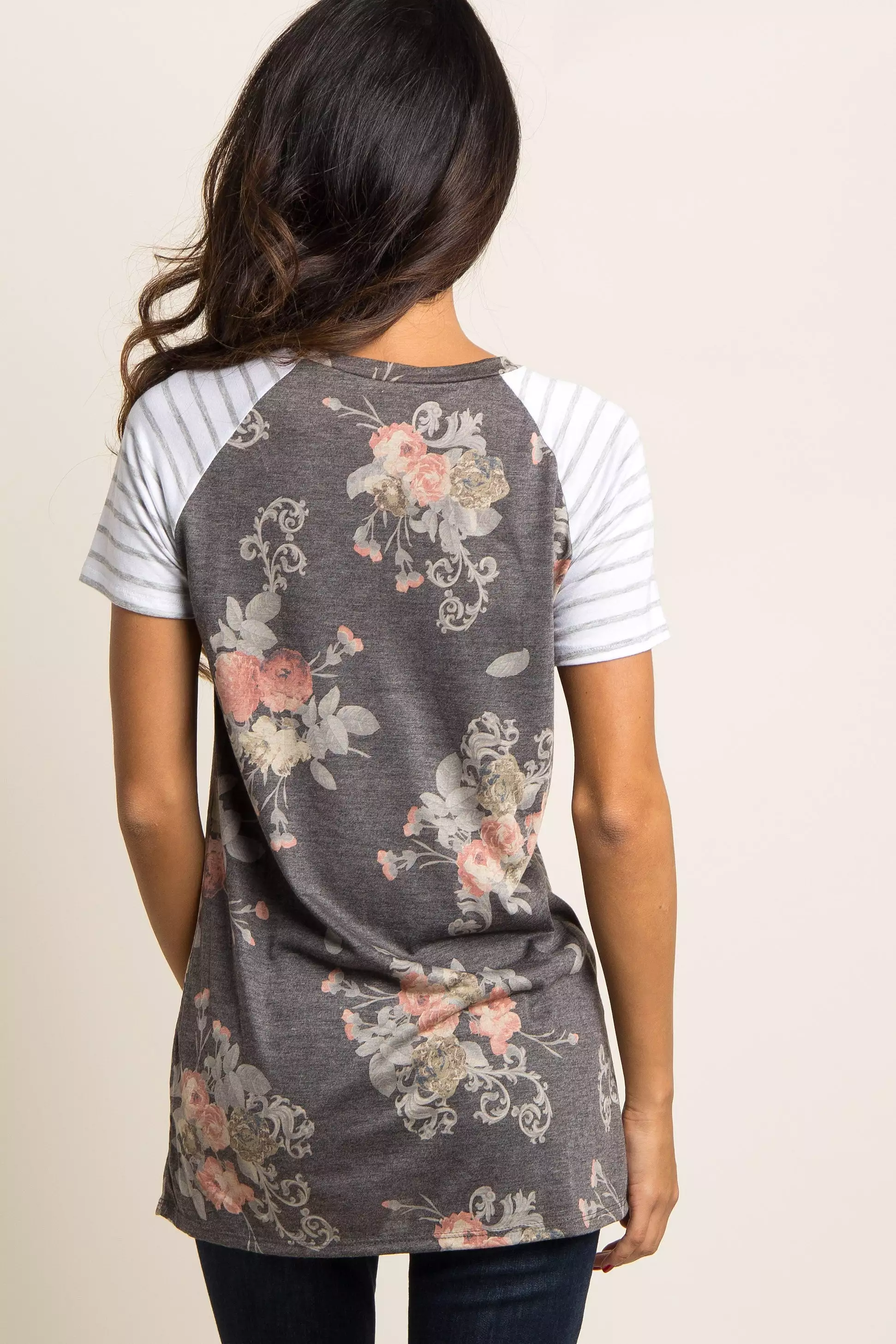 Charcoal Grey Floral Colorblock Striped Sleeve Top