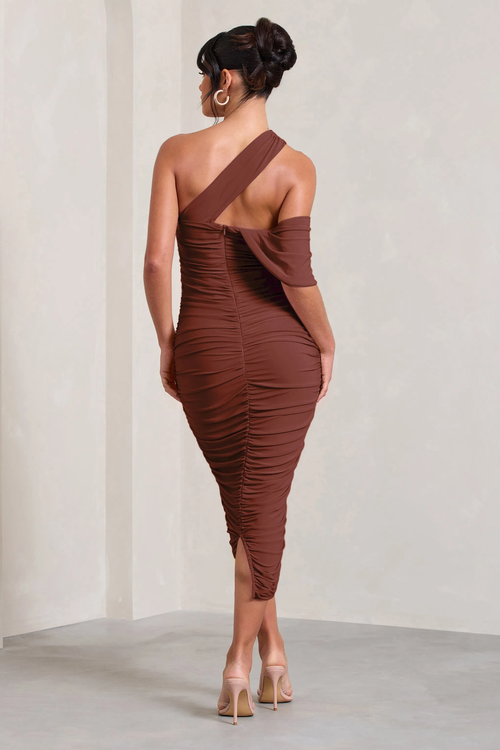 Cici | Brown Asymmetric One Shoulder Ruched Midi Dress