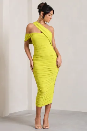 Cici | Lime Green Asymmetric One Shoulder Ruched Midi Dress