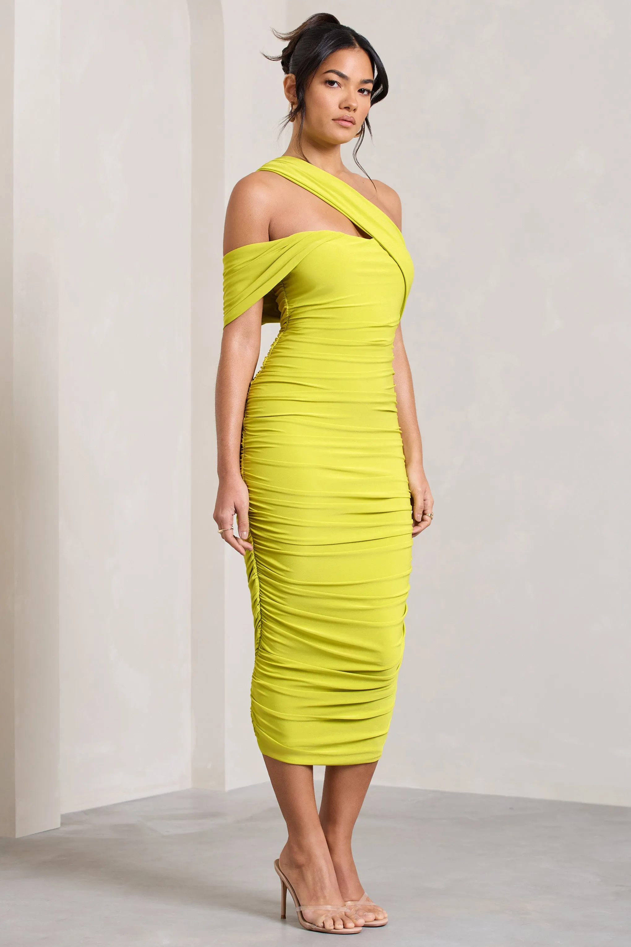 Cici | Lime Green Asymmetric One Shoulder Ruched Midi Dress